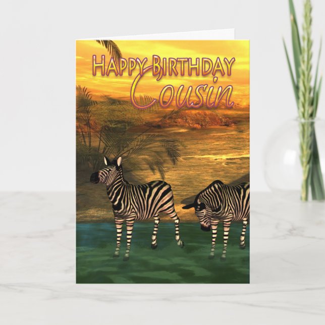 Cartão Feliz Primo Zebras de Aniversário na Água (Frente)