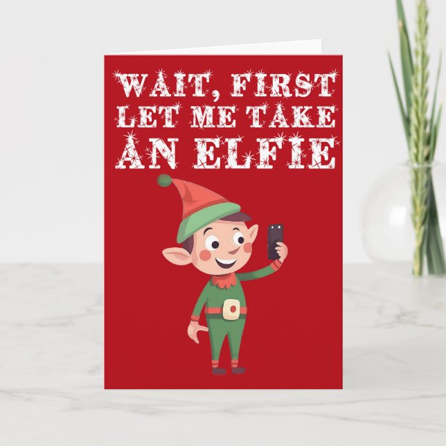 Cartão Feliz Pun De Natal Do Elf Deixe-Me Tomar Uma Elfie (Frente)