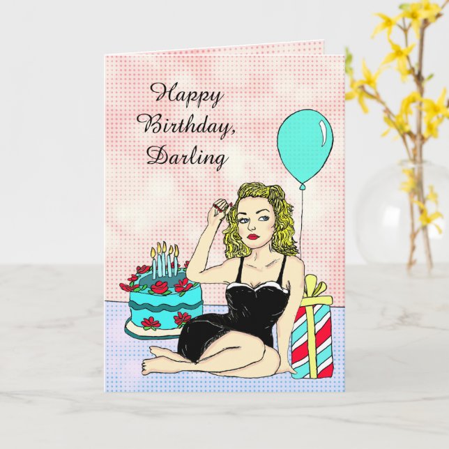 Cartão Feliz Querido de aniversário, Retro Lady Pinup (Flor Amarela)