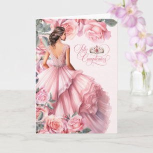 Cartão Feliz Quinceanera Aniversário de 15 Anos Rosas Ros
