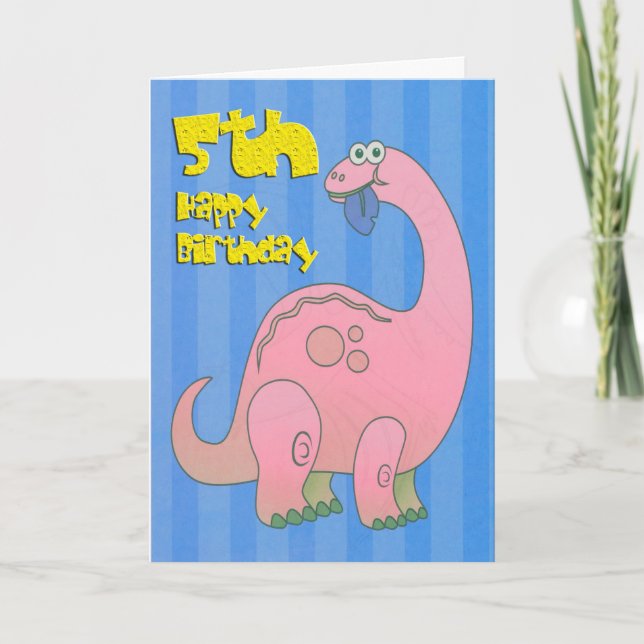 Cartão Feliz Quinto Aniversário, Dinossauro Rosa (Frente)