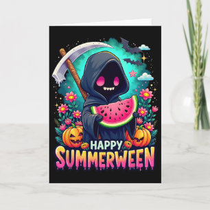 Cartão Feliz Summerween Esqueleto Jack-o-lanterna Melão d