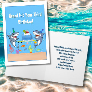 Cartão Feliz Terceiro Aniversário Tubarões com Bolo