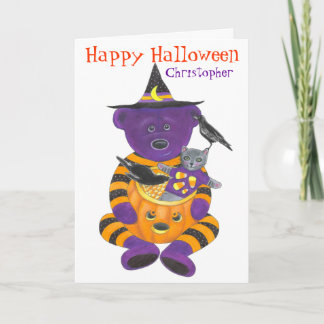 Cartão Feliz Urso de Abóbora do Halloween com Gato e Corv