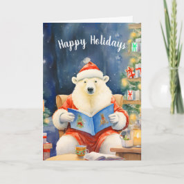 Cartão Feliz Urso de Férias Lendo em uma Cadeira Comfy