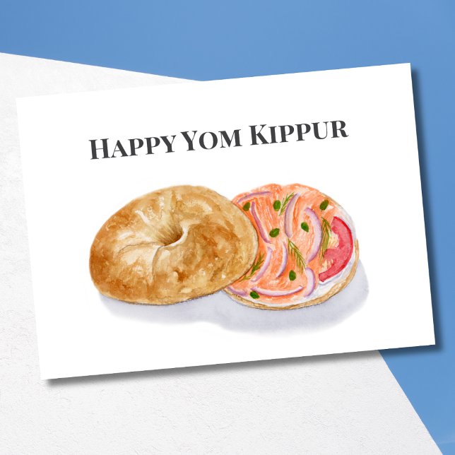 Cartão Feliz Yom Kippur Bagels de Aquarela Salmão Fumado  (Criador carregado)
