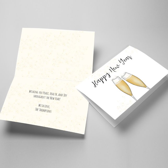 Cartão Felizes anos novos Calliografia Champagne (Happy New Year folding greeting card)