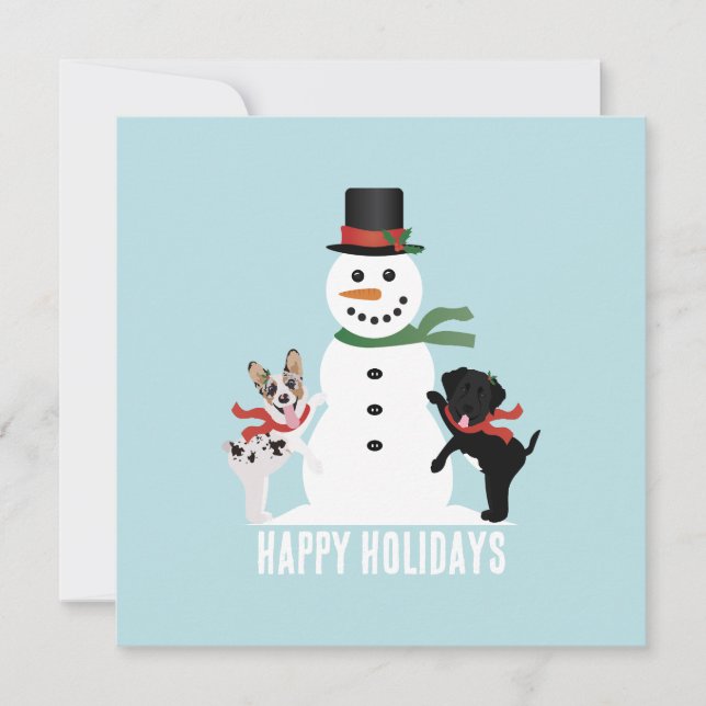 Cartão Felizes Cães Feriados Construindo Um Neve (Frente)