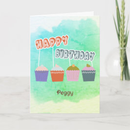 Cartão Felizes Cupcakes de aniversário no Watercolor Blue