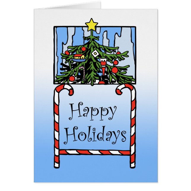 Cartão Felizes Feriados, Árvore de Natal e Canas Doces (Frente)