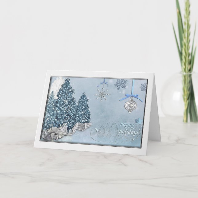 Cartão Felizes Feriados Árvores Azuis no Natal (Frente)
