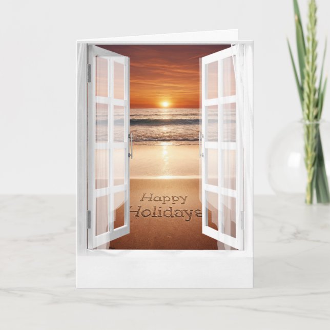 Cartão Felizes Feriados - Vista Oceânica na Janela (Frente)