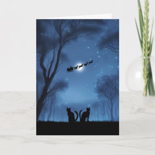 Cartão Felizes Férias de Natal com Gatos na Noite (Frente)