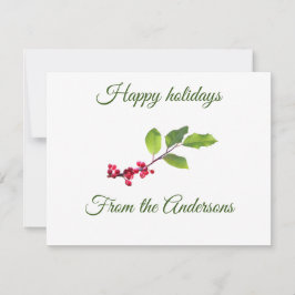 Cartão Felizes férias ramo de azevinho nome local