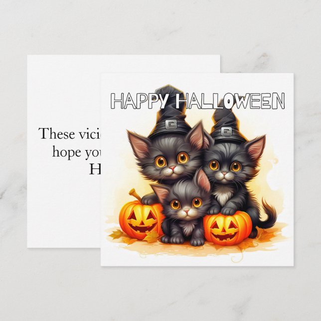 Cartão Felizes Gatos Pretos do Dia das Bruxas (Frente/Verso)