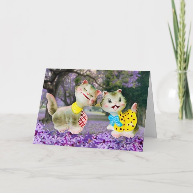 Cartão Felizes Gatos Vintage com Flores Saudações (Frente)