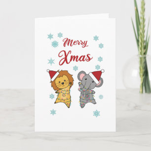Cartão Felry Xmas Lion Elfeant Snow Winter Cute