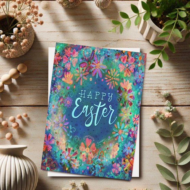 Cartão Felz pascoa bonito de Inspirivência Floral Azul (Criador carregado)