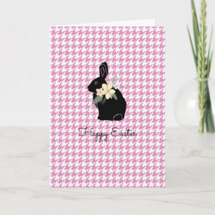 Cartão Felz pascoa Bunny Silhouette Flowers Houndstooth