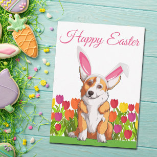 Cartão Felz pascoa Cute Corgi Bunny Floral Personalizado