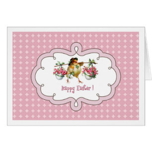 Cartão Felz pascoa. Placa de saudação do Pintinho Vintage