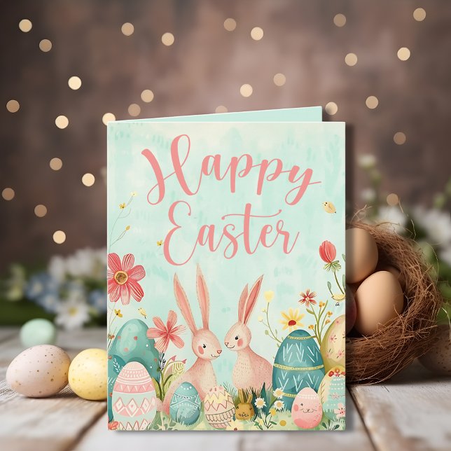 Cartão Felz pascoa verde aquoso personalizável (Happy Easter light green watercolor customizable Card)