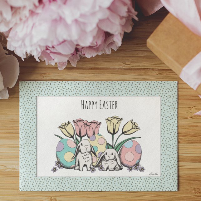Cartão Felzs pascoa de pastel e Ovos (Adorable Easter Greeting Card, hand-drawn illustration with cute bunnies, Easter eggs & tulips)