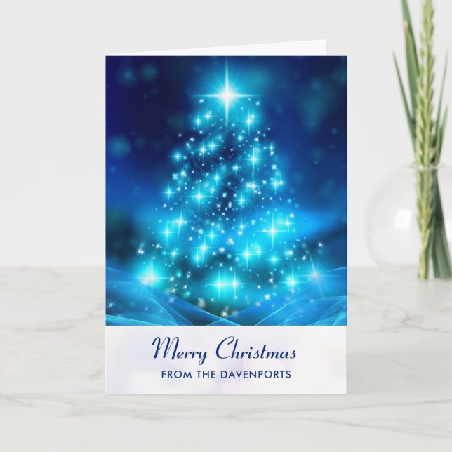 Cartão Feriado de Árvore de Natal Azul Moderno (Frente)