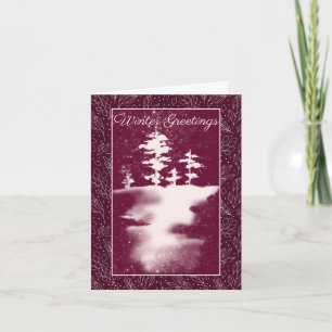 Cartão Feriado de Cena de Inverno das Árvores Rosa e Neve