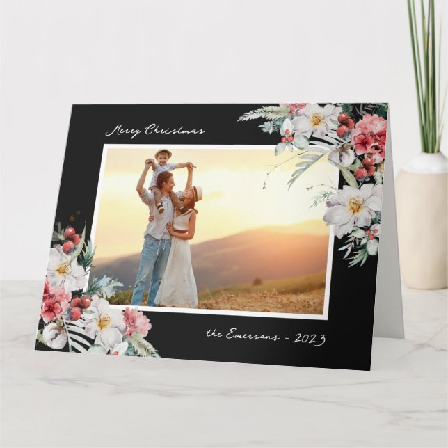 Cartão Feriado de Foto de Natal Preto Elegante (Frente)