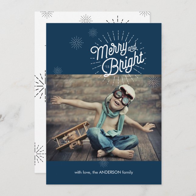 Cartão Feriado de Foto Starburst 1 no Marinho (Frente/Verso)