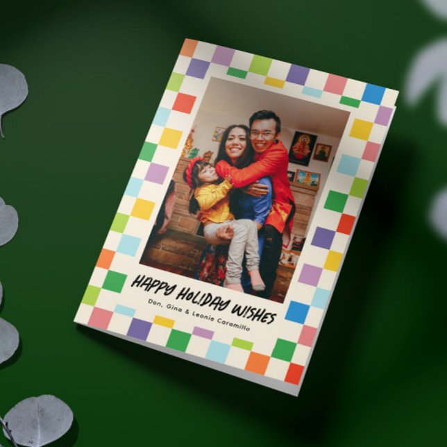 Cartão Feriado de Fotografia Dobrado do Quadro de Verific (folded colorful checkerboard pattern one photo family holiday card)