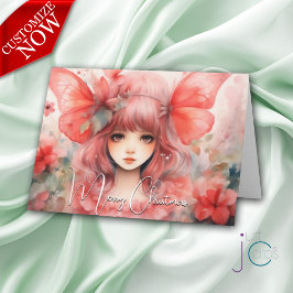 Cartão Feriado de Natal de Pixie com Borboleta Vermelha