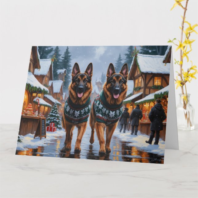 Cartão Feriado de Natal dos Cães german shepherd (Flor Amarela)