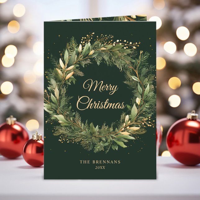 Cartão Feriado de Natal Dourado Elegante na moda Verde (Stylish Elegant Green Gold Christmas Holiday Card)