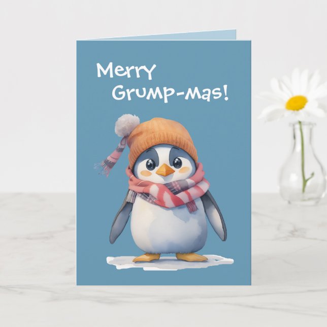 Cartão Feriado de Natal Engraçado, Grumpy Penguin Grpoleg (Planta pequena)