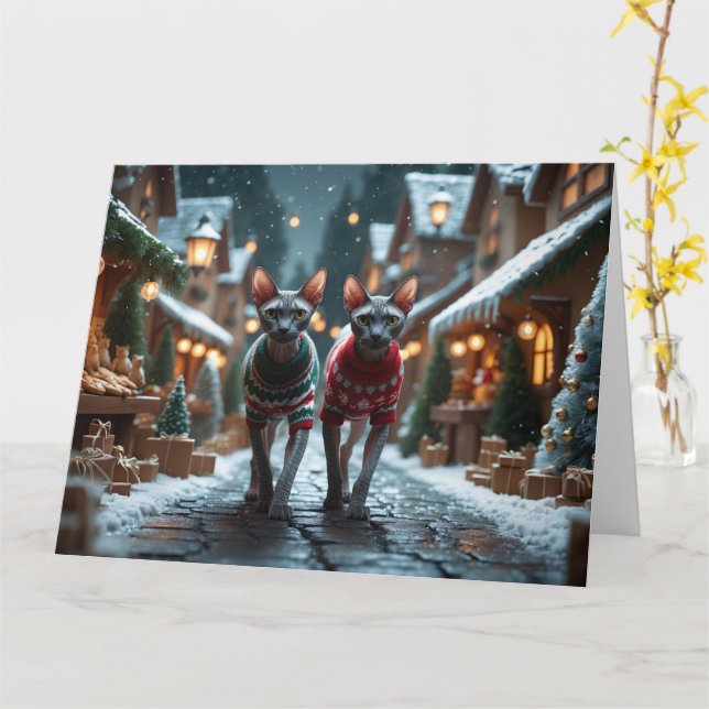 Cartão Feriado de Natal Gatos Sphynx (Flor Amarela)