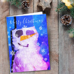 Cartão Feriado de Natal Mágico Snowman Floco de Neve Feli<br><div class="desc">Magical Snowman e Snowflakes Cartão de Férias de Natal Feliz - Cartão de Natal Festivo com um boneco de neve e flocos de neve brancos num fundo azul abstrato. O desejo Feliz Natal está em branco.</div>