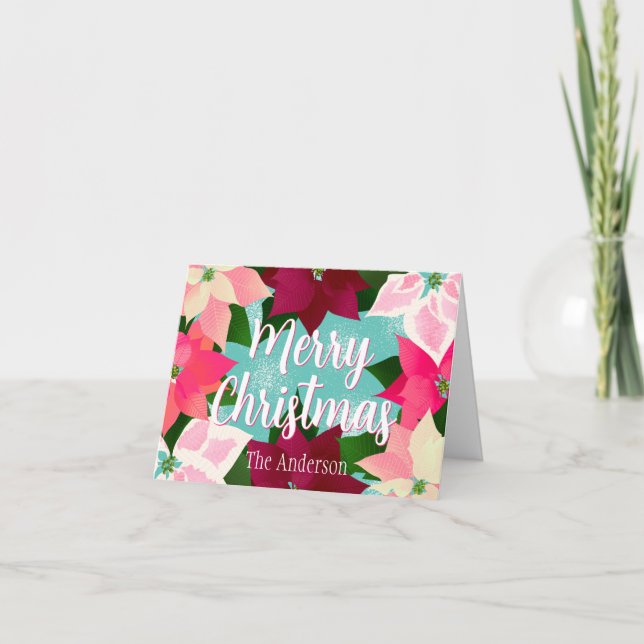 Cartão Feriado de Poinsettias Rosa (Frente)