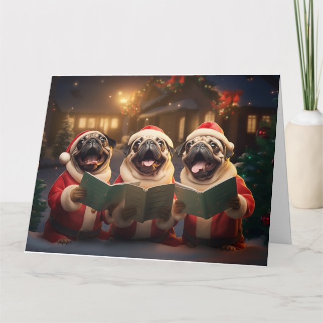 Cartão Feriado do Pug Christmas Carolers (Frente)