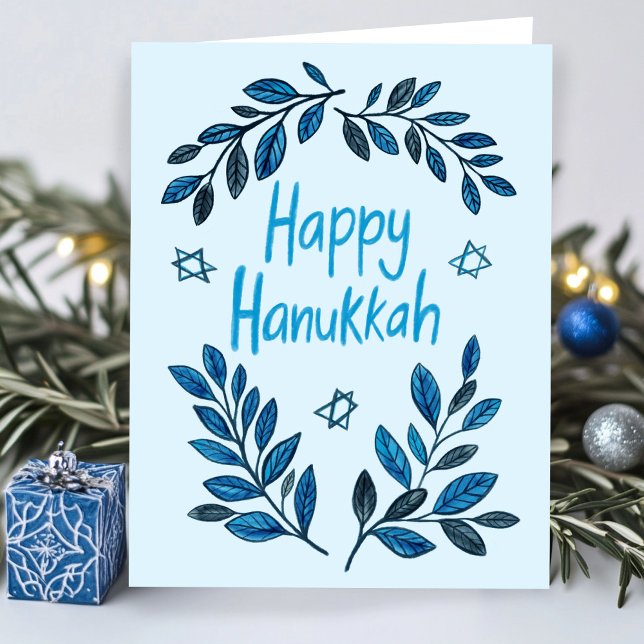 Cartão Feriado Moderno de Aquarela Botânica de Hanukkah F (Happy Hanukkah Botanical Modern Watercolor Card
)