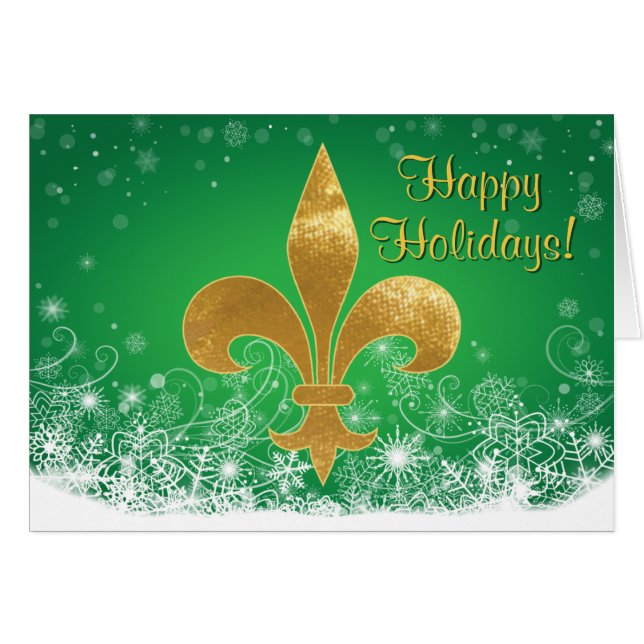 Cartão Feriado Verde de Fleur Dourado Elegante (Frente horizontal)