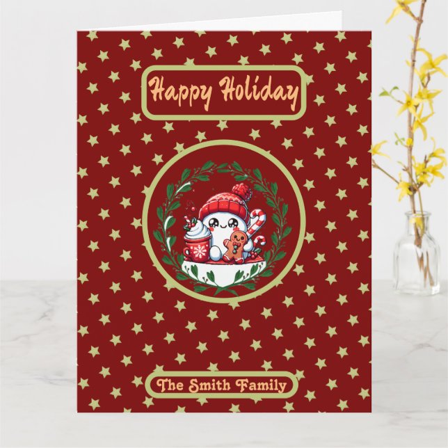 Cartão Feriados Felizes Foto Dourada de Natal Vermelho (Flor Amarela)