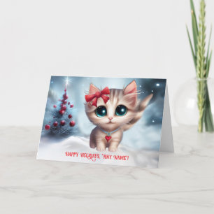 Cartão Feriados Felizes Nome Personalizado Gatinho e Árvo