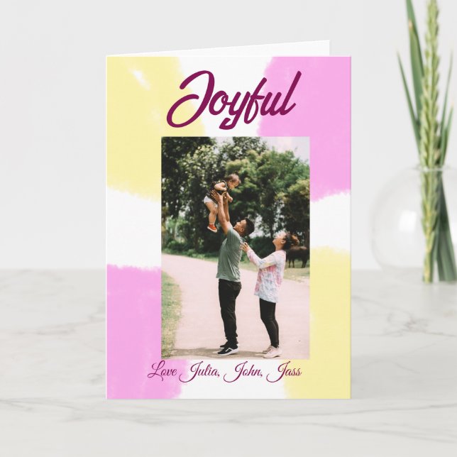 Cartão Férias alegres foto família amarelo rosa retrô boh (Frente)