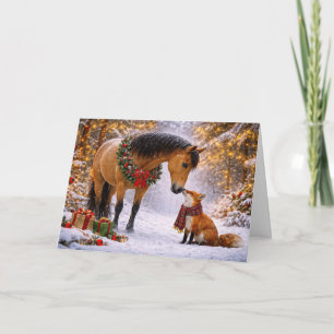 Cartão Férias de Natal com Raposa e Cavalo Fofo