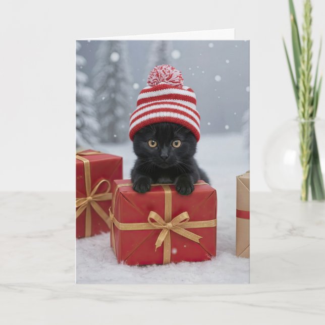 Cartão Férias de Natal Gatinho Fofo e Divertido (Frente)