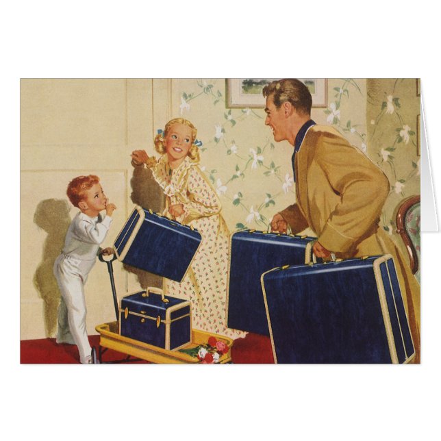 Cartão Férias Familiares Vintage, Pais, Crianças e Suitca (Frente Horizontal)