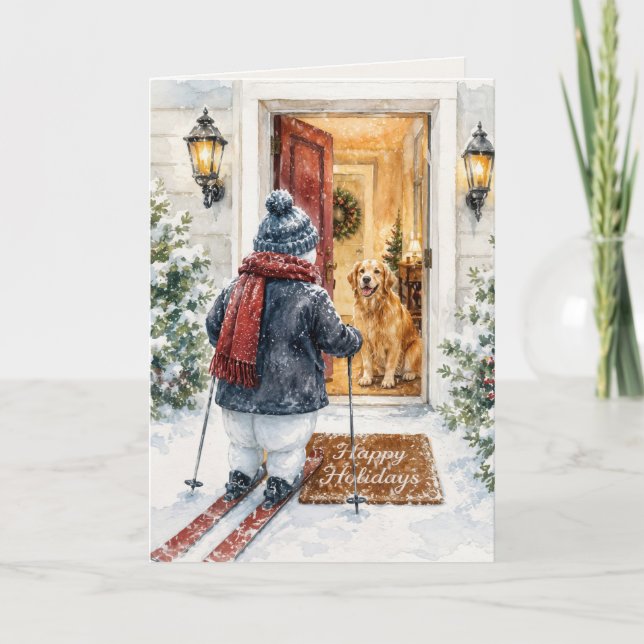 Cartão Férias Felizes Boneco de Neve de Esqui (Frente)