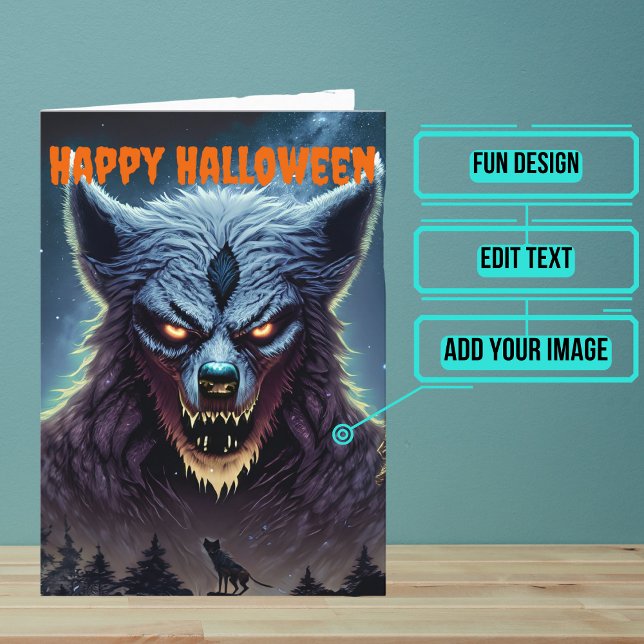 Cartão Festa Assustadora do Halloween de Werewolf (Send a special greeting to a friend at Halloween with this fun card.)